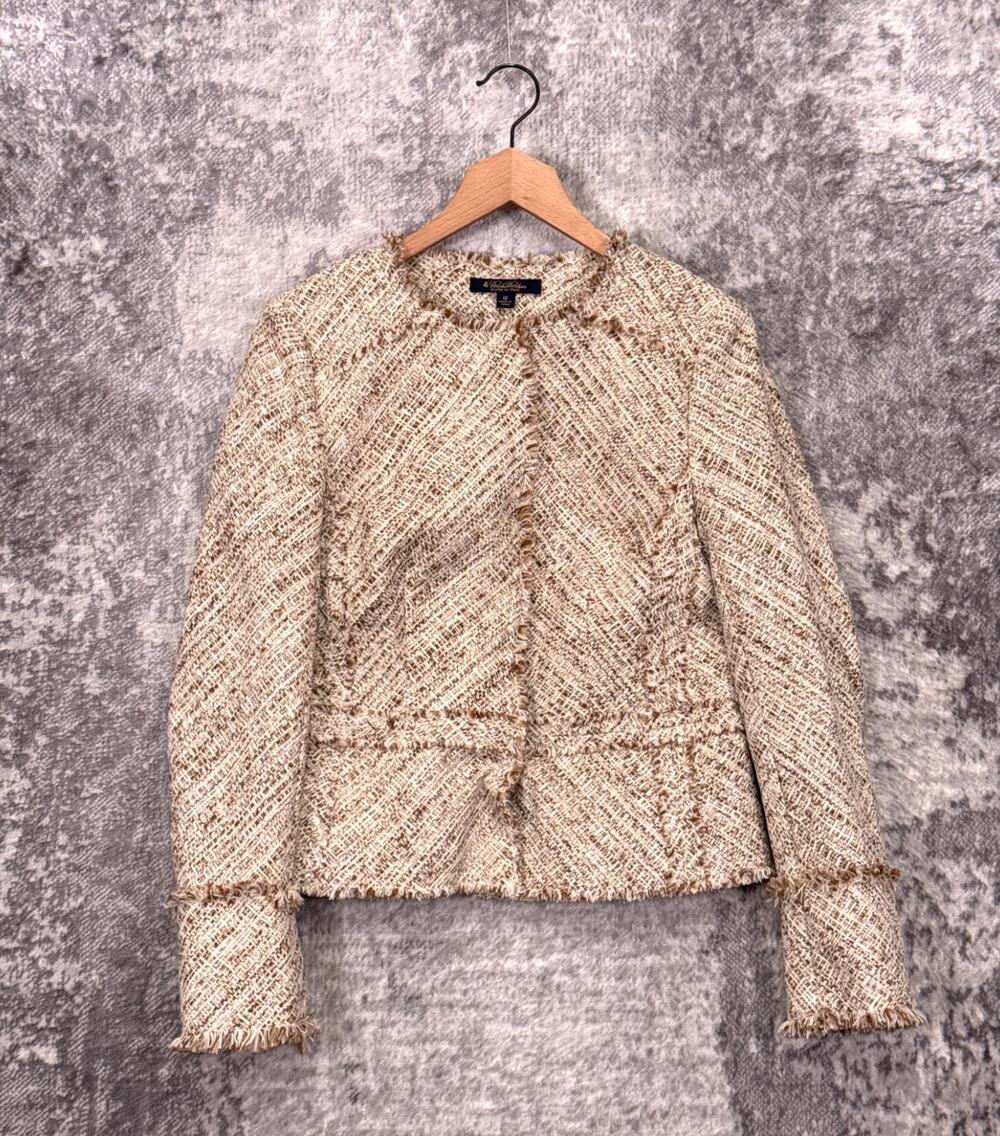 Brooks Brothers Blazer 12 Womens Italian Tweed Collarless Gold Fringe Jacket